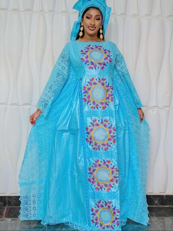 Tabaski Outfit for Women in Sky Blue Bazin Riche with Embroidered Details