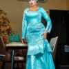 African party dress African Party Dress in Sky Blue Bazin Riche Getzner with Embroidered Details