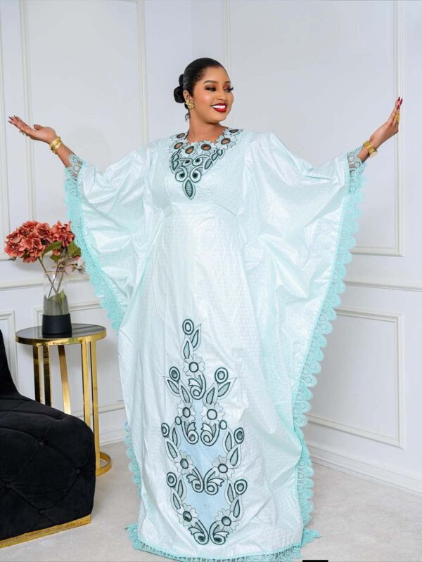 Embroidered Bazin Dress in Mint Green with Floral Detail