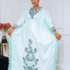 Embroidered Bazin Dress in Mint Green with Floral Detail
