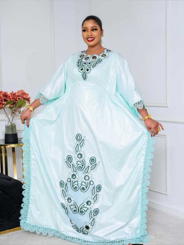 Embroidered Bazin Dress in Mint Green with Floral Detail