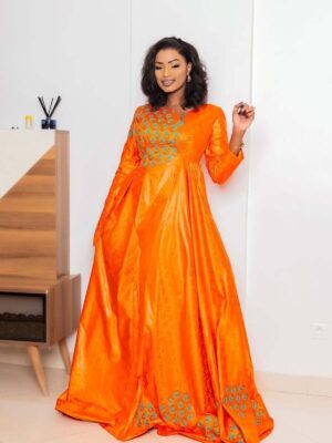 Muslim Modest African Clothing in Orange Bazin Riche Getzner Dress