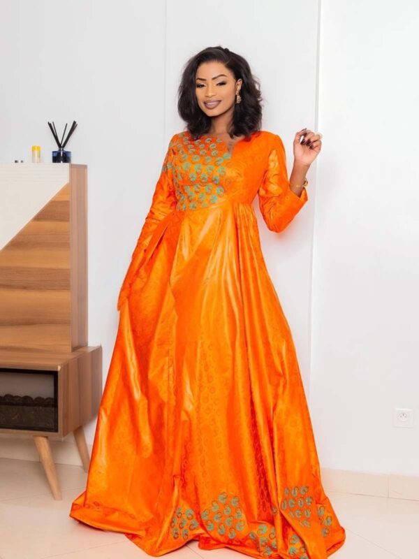 Muslim Modest African Clothing in Orange Bazin Riche Getzner Dress